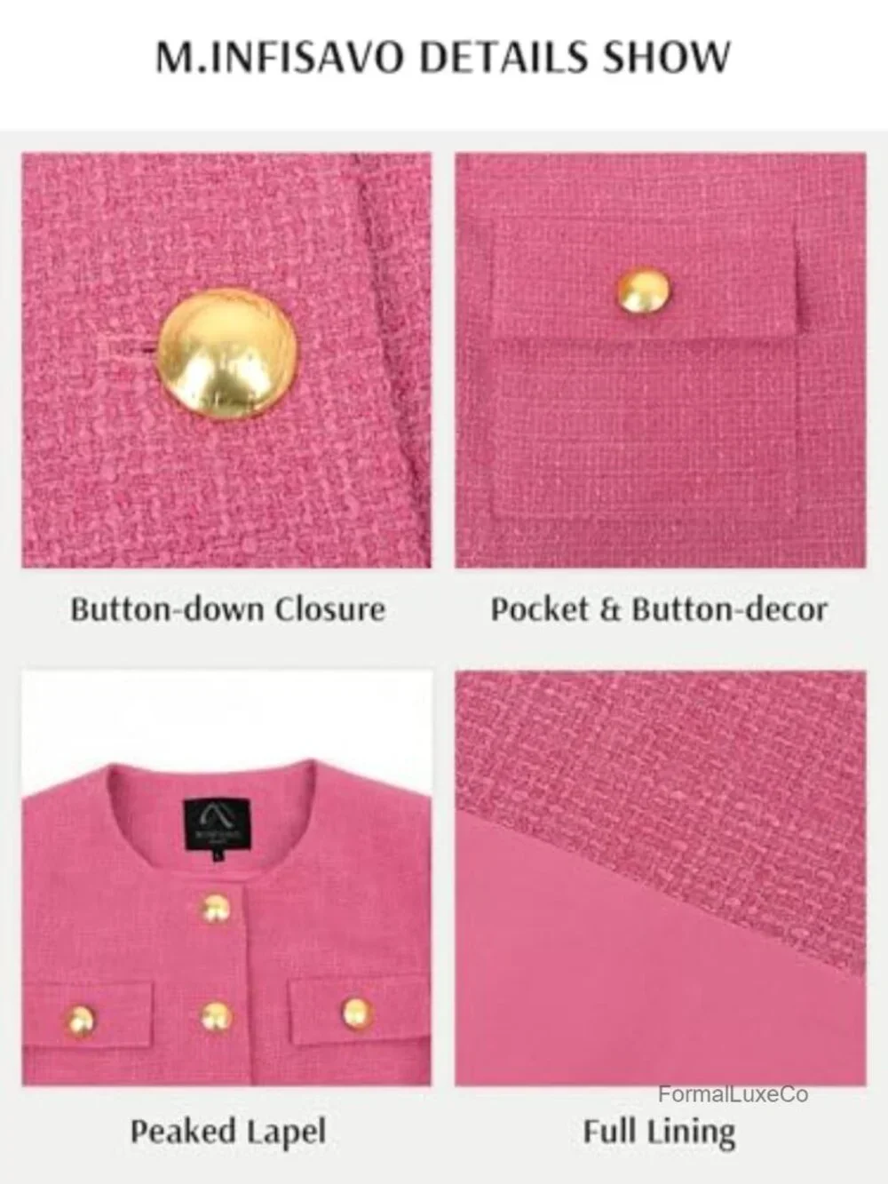 Women Tweed Blazer Cropped Jacket Round Neck Pockets Business Casual Spring